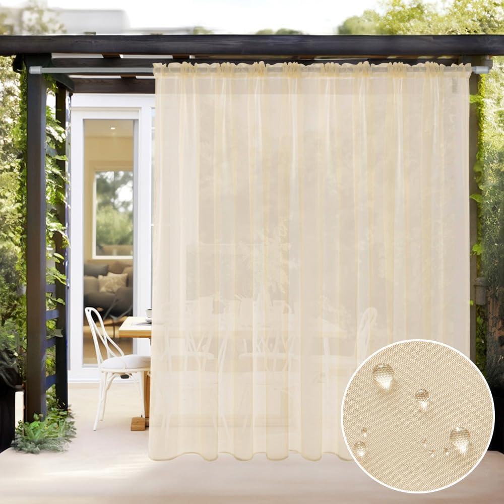 imageMIULEE Outdoor Sheer Curtain for Patio Waterproof 2 Panels Sage Green Privacy Drape Voile Curtain Rod Pocket for PorchPergola Cabana Gazebo 54 X 84 Inch LongCream Beige
