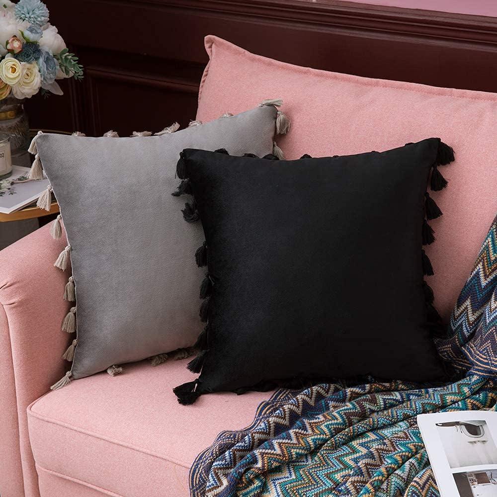 imageMIULEE Pack of 2 Halloween Velvet Soft Solid Decorative Throw Pillow Cover with Tassels Fringe Boho Accent Cushion Case for Couch Sofa Bed 20 x 20 Inch Black