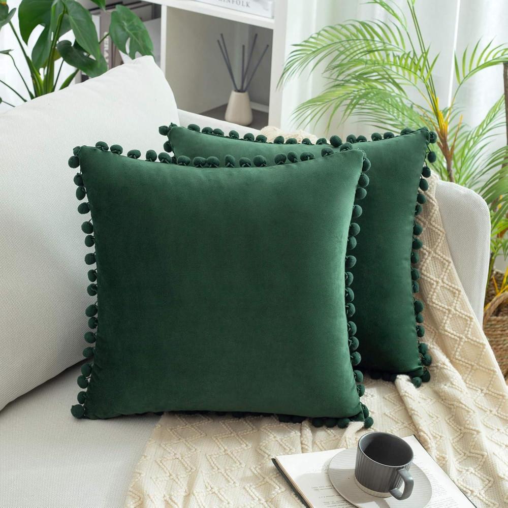 imageMIULEE Pack of 2 Square Decorative Throw Pillow Covers with Cute Pompoms Soft Velvet Farmhouse Cushion Covers for Couch Sofa Bedroom Decor Outdoor 20 x 20 Inch Dark Green