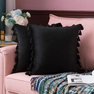 MIULEE Pack of 2 Halloween Velvet Soft Solid Decorative Throw Pillow Cover with Tassels Fringe Boho Accent Cushion Case for Couch Sofa Bed 20 x 20 Inch Black