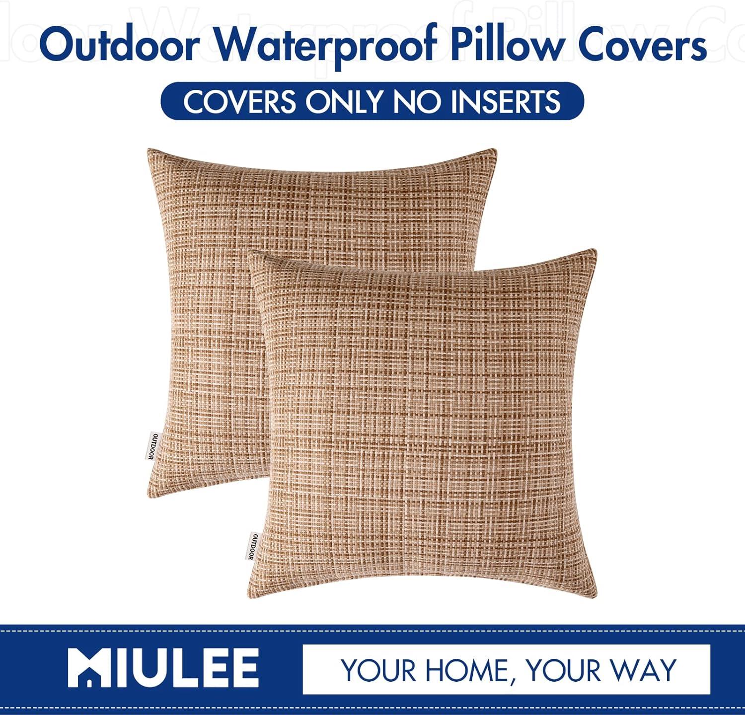 imageMIULEE Outdoor Waterproof Throw Pillow Covers Decorative Farmhouse Water Resistant Cushion Covers for Tent Patio Garden Couch Sofa Pack of 2 18x18 Inch CoffeeBeige