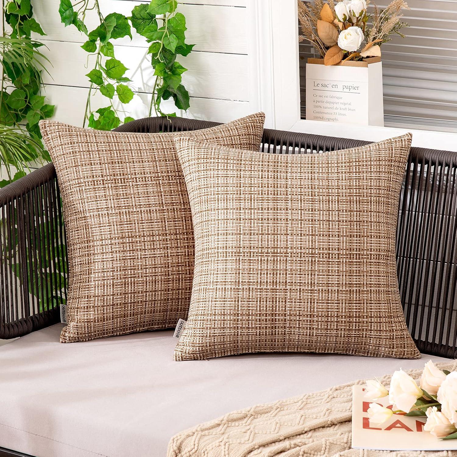 imageMIULEE Outdoor Waterproof Throw Pillow Covers Decorative Farmhouse Water Resistant Cushion Covers for Tent Patio Garden Couch Sofa Pack of 2 18x18 Inch CoffeeBeige