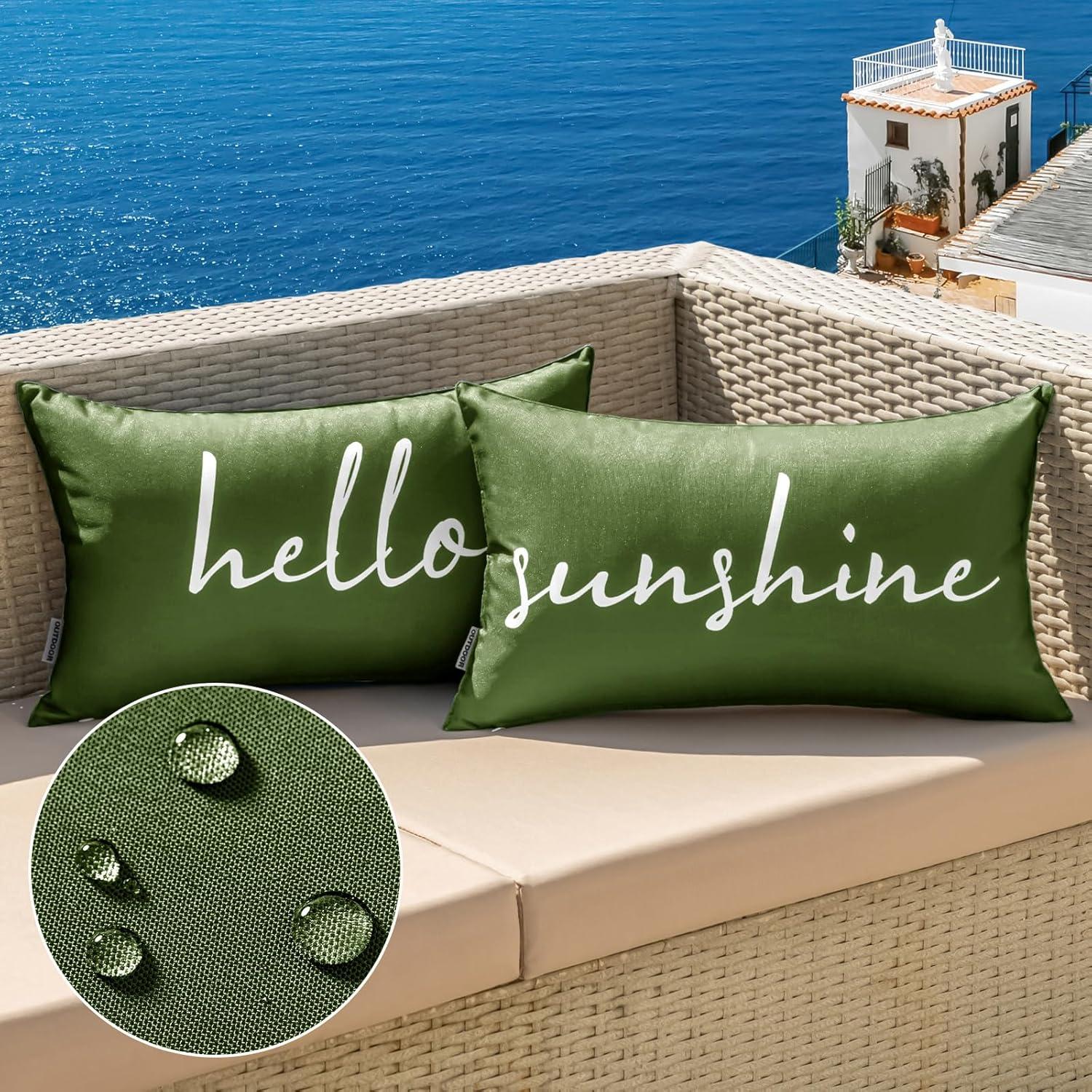 imageMIULEE Outdoor Waterproof Throw Pillow Covers Set of 2 Hello Sunshine Decorative Outdoor Rectangular Pillowcases for Chair Patio Garden Couch Tent Balcony Sofa Orange 12x20 InchOlive Green