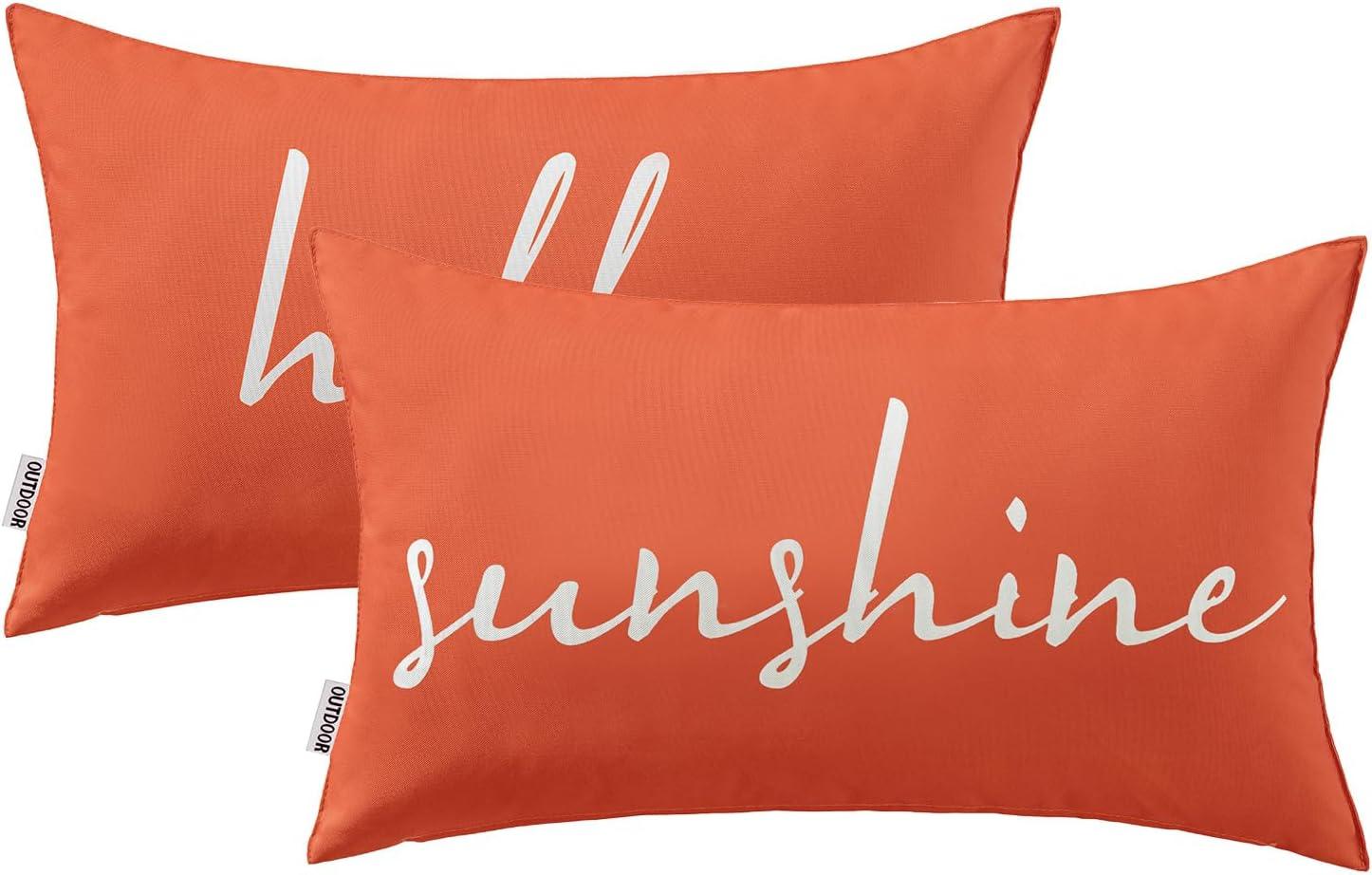 imageMIULEE Outdoor Waterproof Throw Pillow Covers Set of 2 Hello Sunshine Decorative Outdoor Rectangular Pillowcases for Chair Patio Garden Couch Tent Balcony Sofa Orange 12x20 InchCoral Red