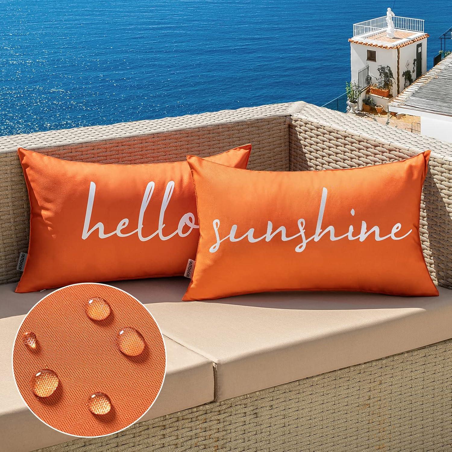 imageMIULEE Outdoor Waterproof Throw Pillow Covers Set of 2 Hello Sunshine Decorative Outdoor Rectangular Pillowcases for Chair Patio Garden Couch Tent Balcony Sofa Orange 12x20 InchOrange
