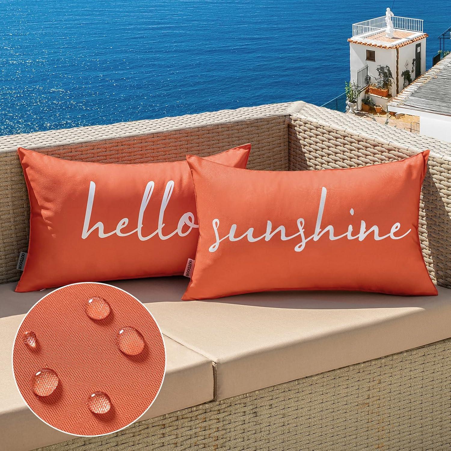imageMIULEE Outdoor Waterproof Throw Pillow Covers Set of 2 Hello Sunshine Decorative Outdoor Rectangular Pillowcases for Chair Patio Garden Couch Tent Balcony Sofa Orange 12x20 InchCoral Red