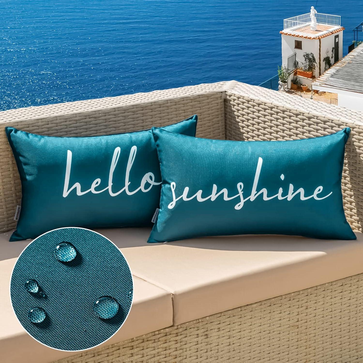 imageMIULEE Outdoor Waterproof Throw Pillow Covers Set of 2 Hello Sunshine Decorative Outdoor Rectangular Pillowcases for Chair Patio Garden Couch Tent Balcony Sofa Orange 12x20 InchDeep Blue