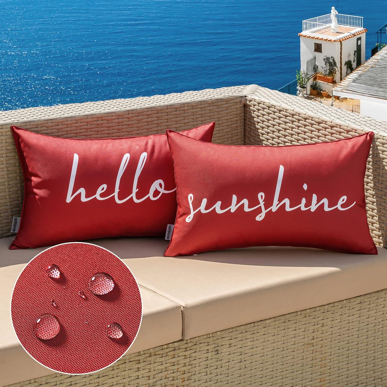 imageMIULEE Outdoor Waterproof Throw Pillow Covers Set of 2 Hello Sunshine Decorative Outdoor Rectangular Pillowcases for Chair Patio Garden Couch Tent Balcony Sofa Orange 12x20 InchRed