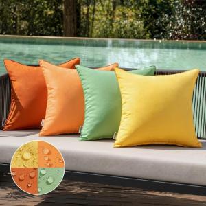 MIULEE Pack of 4 Decorative Outdoor Waterproof Summer Pillow Cover Square Garden Cushion Case PU Coating Throw Pillowcase Shell for Tent Park Couch 18×18 Inch Light Grey(Orange/Green)