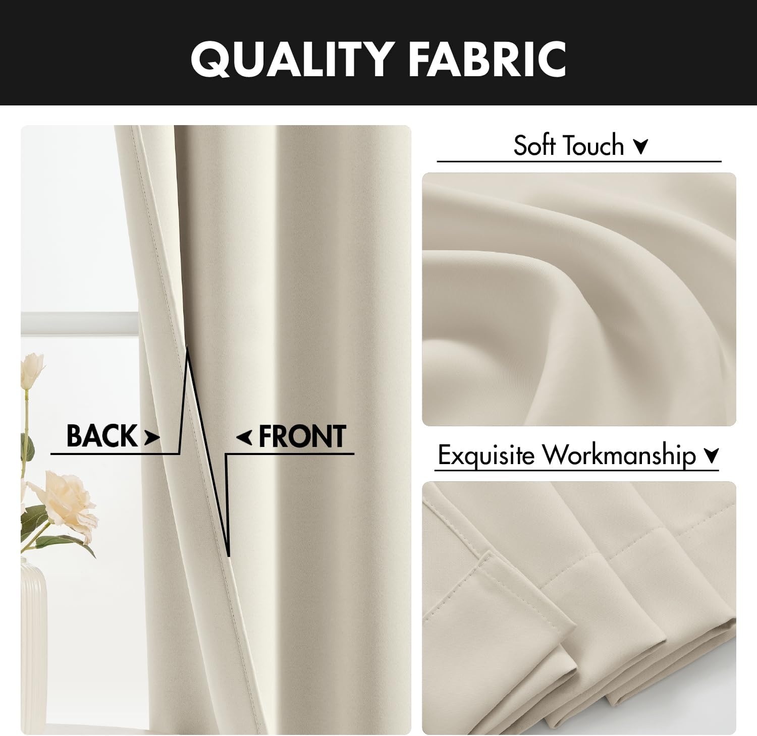 image:imageMIULEE Blackout Curtains 4 Panels Sets Black 63 Inch Length Top and Bottom Rod Pocket Room Darkening Curtains for Bedroom Windows 4 Pack Solid Thermal Insulated Light Blocking Curtain DrapesCream Beige