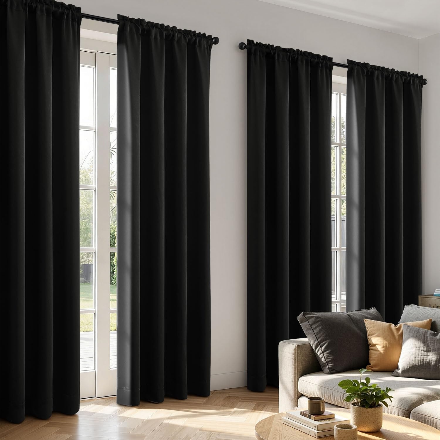 image:imageMIULEE Blackout Curtains 4 Panels Sets Black 63 Inch Length Top and Bottom Rod Pocket Room Darkening Curtains for Bedroom Windows 4 Pack Solid Thermal Insulated Light Blocking Curtain DrapesBlack