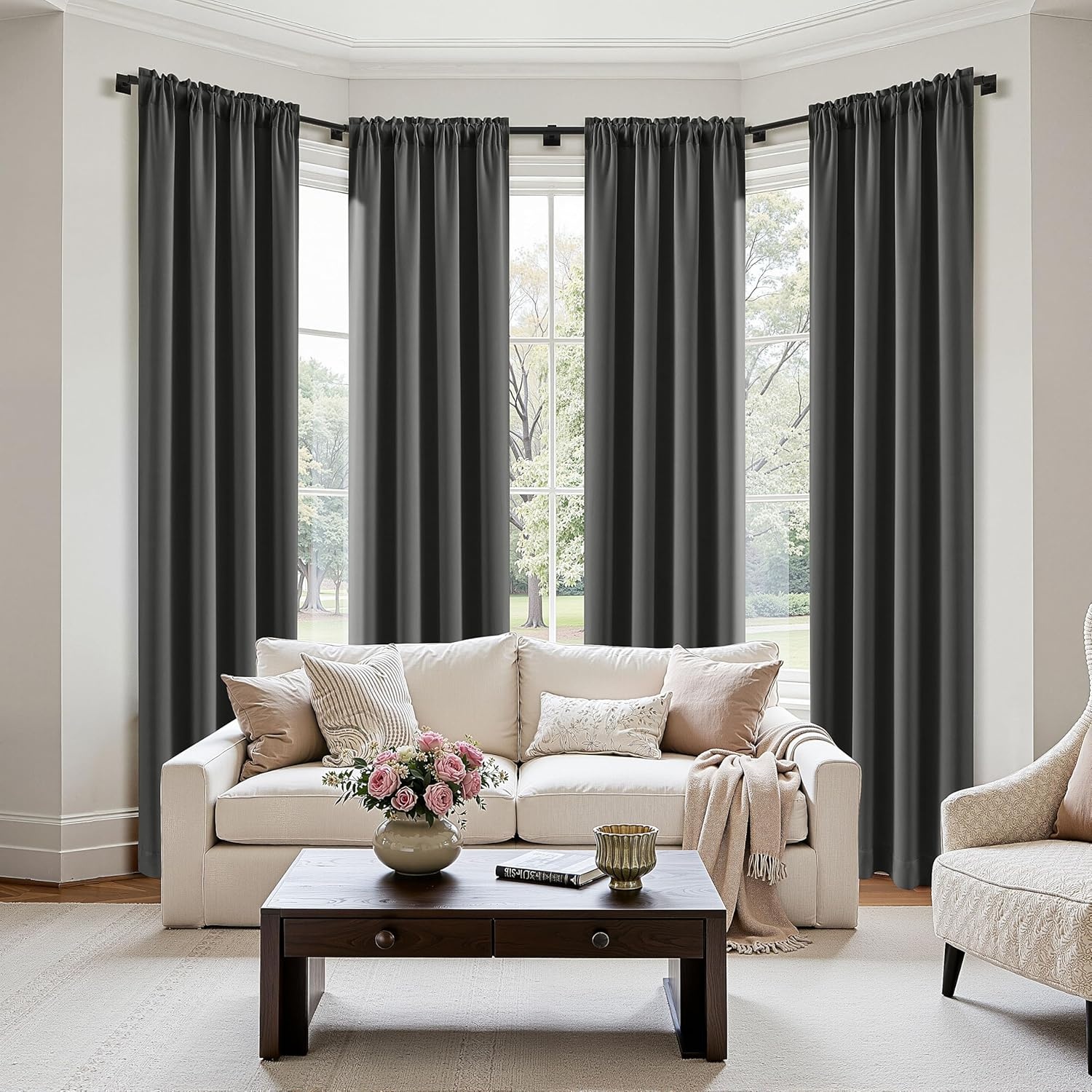 image:imageMIULEE Blackout Curtains 4 Panels Sets Black 63 Inch Length Top and Bottom Rod Pocket Room Darkening Curtains for Bedroom Windows 4 Pack Solid Thermal Insulated Light Blocking Curtain DrapesDark Grey