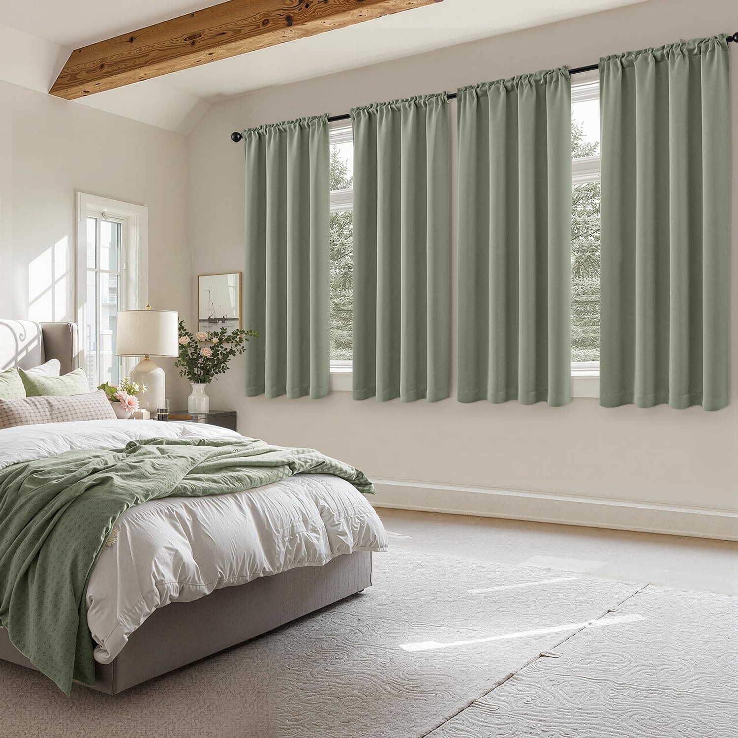 image:imageMIULEE Blackout Curtains 4 Panels Sets Black 63 Inch Length Top and Bottom Rod Pocket Room Darkening Curtains for Bedroom Windows 4 Pack Solid Thermal Insulated Light Blocking Curtain DrapesSage Green