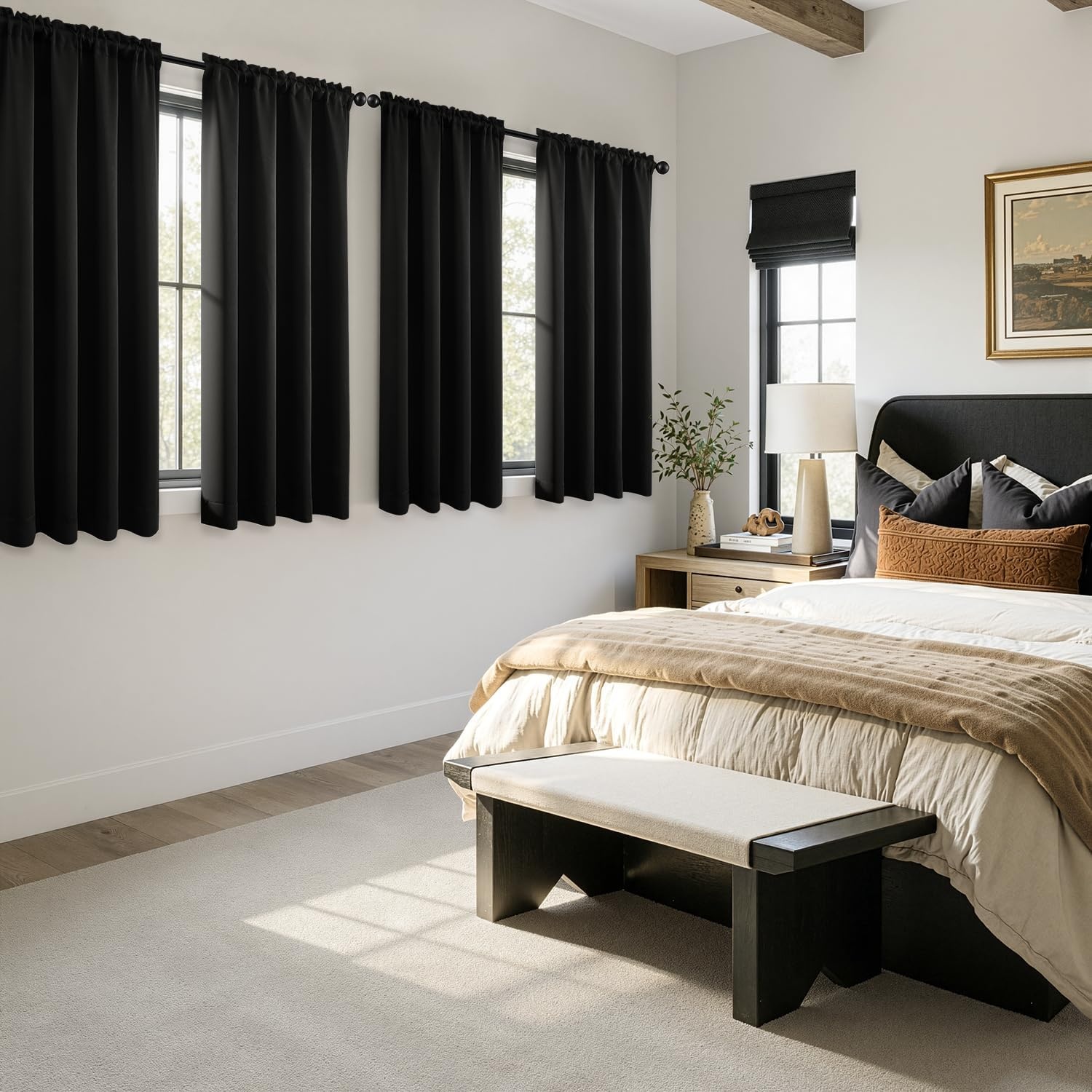 image:imageMIULEE Blackout Curtains 4 Panels Sets Black 63 Inch Length Top and Bottom Rod Pocket Room Darkening Curtains for Bedroom Windows 4 Pack Solid Thermal Insulated Light Blocking Curtain DrapesBlack