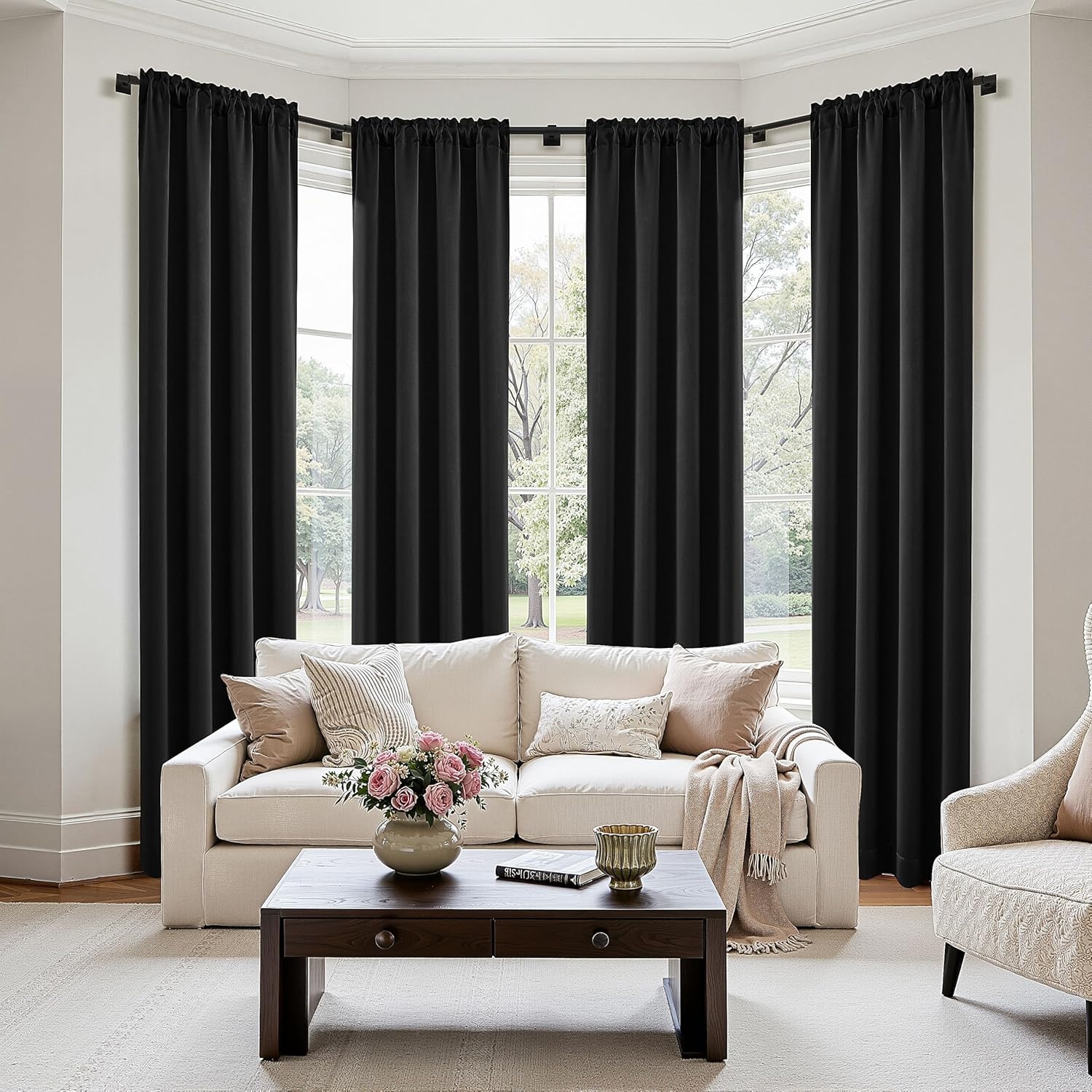 image:imageMIULEE Blackout Curtains 4 Panels Sets Black 63 Inch Length Top and Bottom Rod Pocket Room Darkening Curtains for Bedroom Windows 4 Pack Solid Thermal Insulated Light Blocking Curtain DrapesBlack
