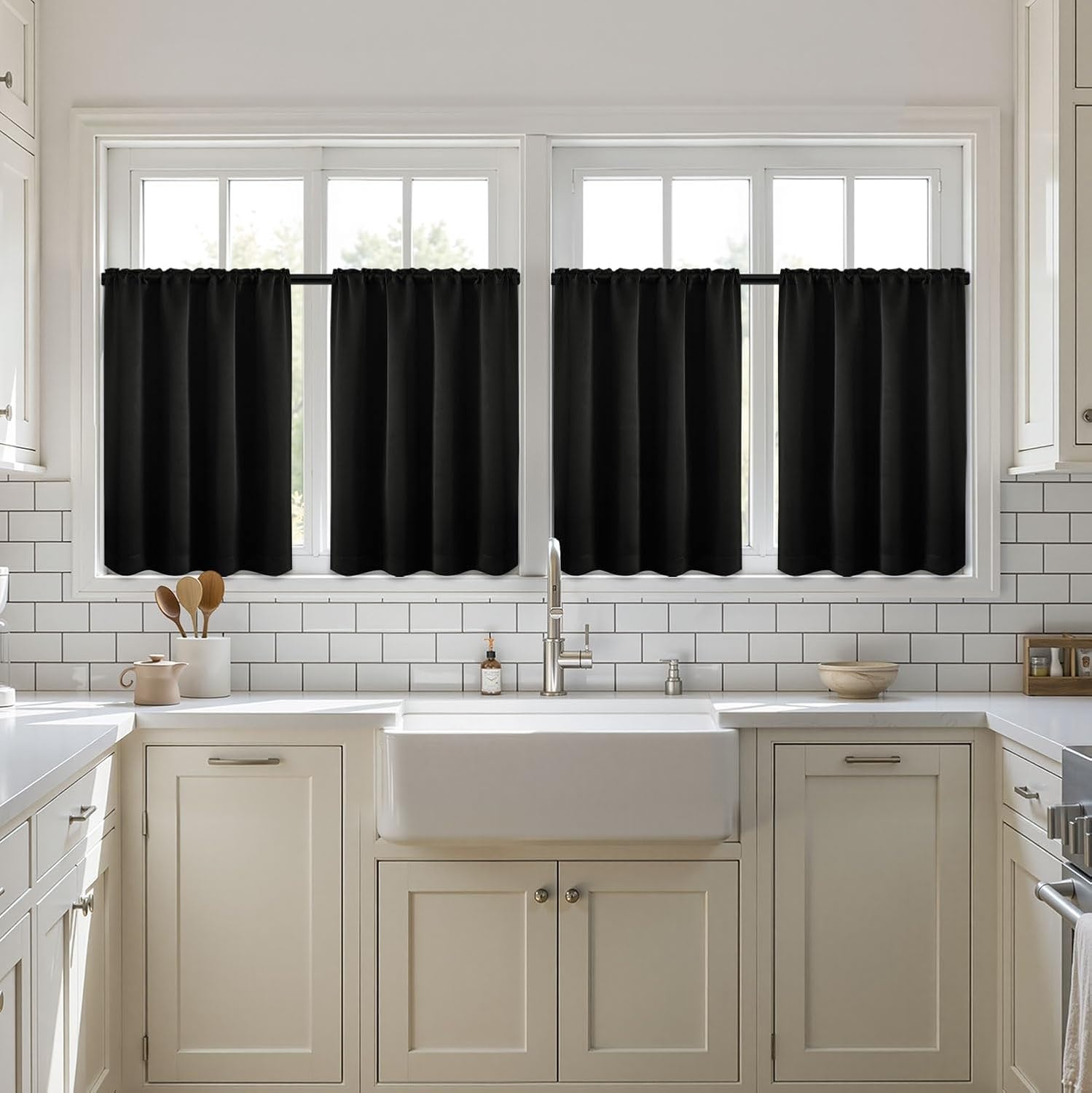 image:imageMIULEE Blackout Curtains 4 Panels Sets Black 63 Inch Length Top and Bottom Rod Pocket Room Darkening Curtains for Bedroom Windows 4 Pack Solid Thermal Insulated Light Blocking Curtain DrapesBlack