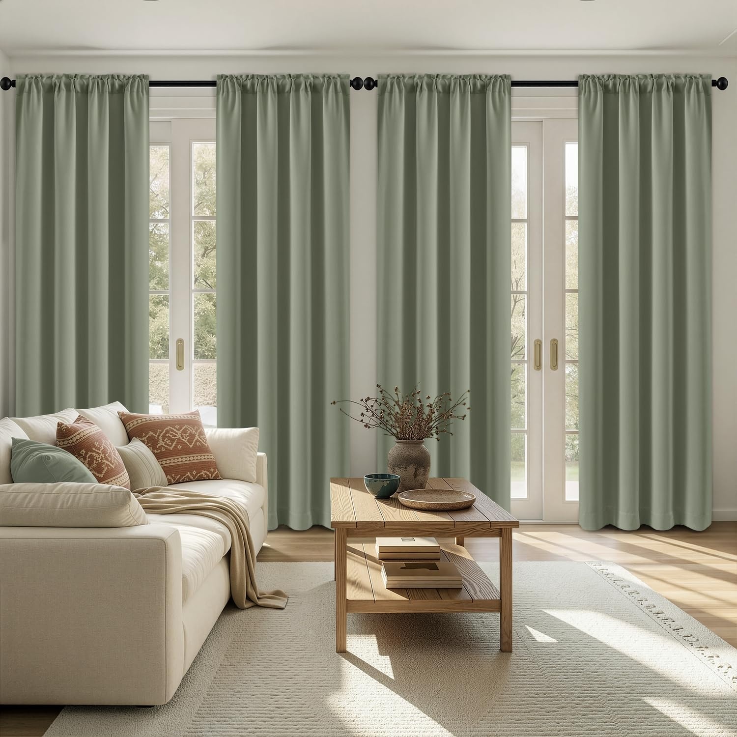 image:imageMIULEE Blackout Curtains 4 Panels Sets Black 63 Inch Length Top and Bottom Rod Pocket Room Darkening Curtains for Bedroom Windows 4 Pack Solid Thermal Insulated Light Blocking Curtain DrapesSage Green
