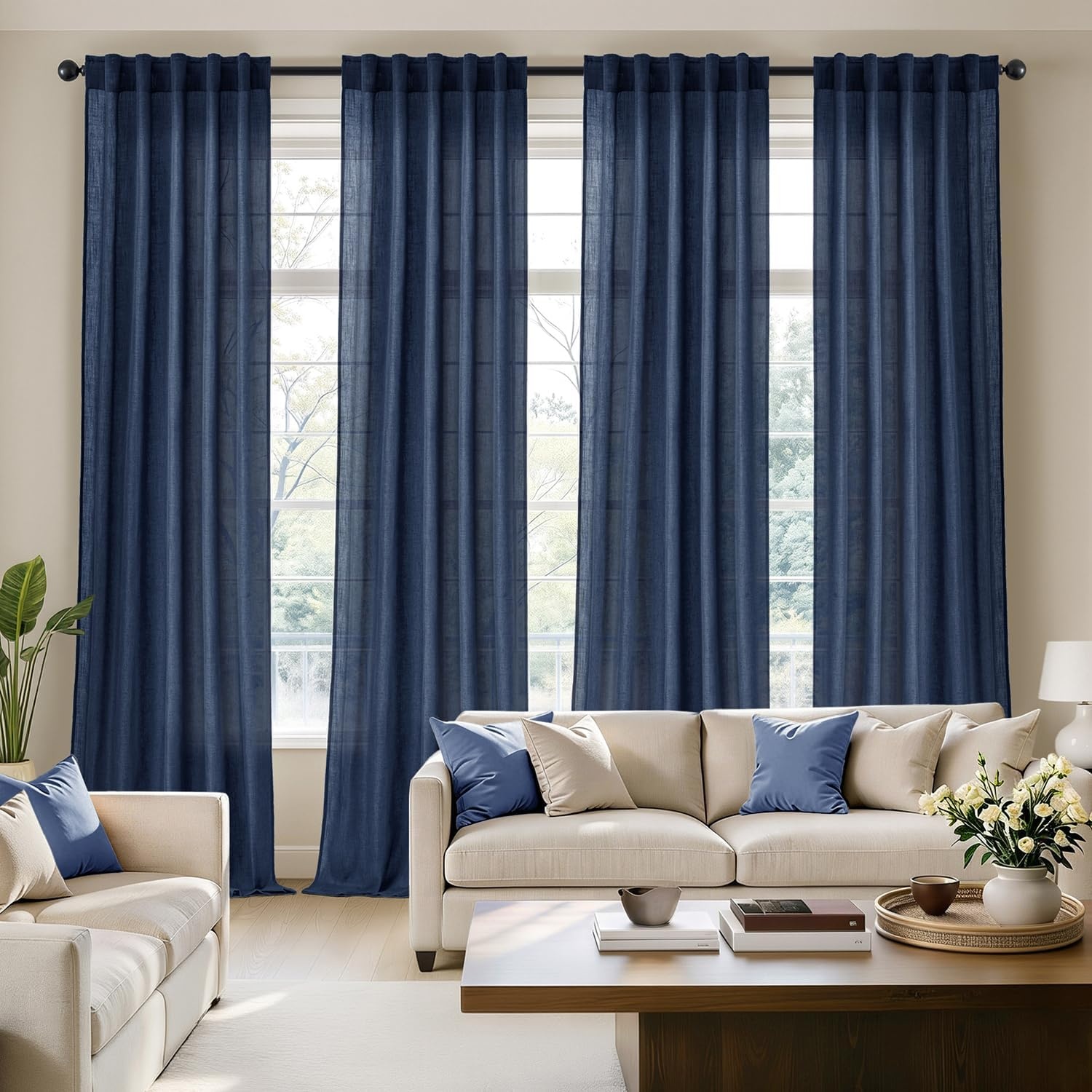 image:imageMIULEE Natural Linen Curtains 84 Inch Long 4 Panels Light Filtering Window Drapes with Rod Pocket Back Tab for Living Room Bedroom Farmhouse Decor Cream 42 W x 84 L InchesNavy Blue