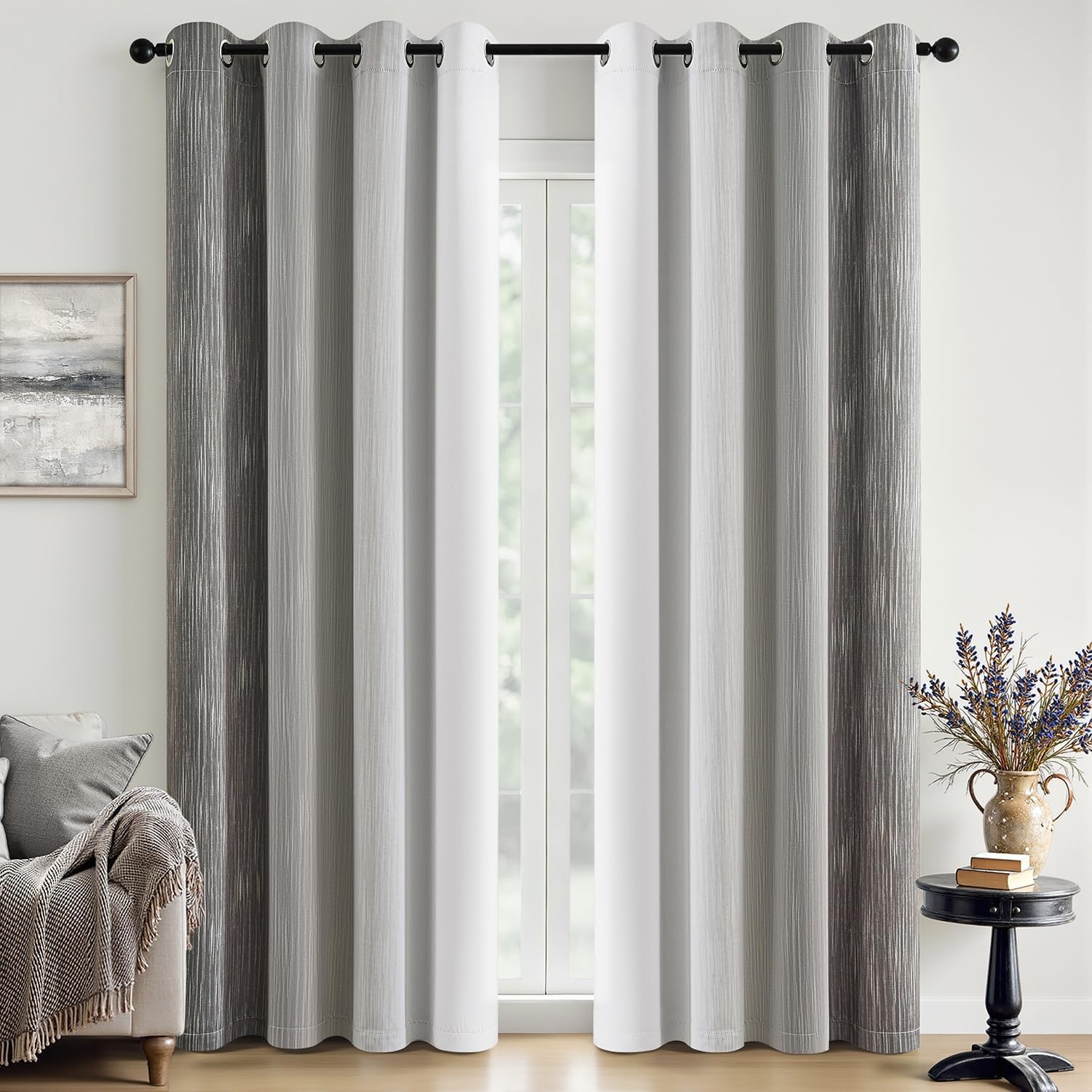 image:imageMIULEE Navy Blue and Greyish White Ombre Blackout Curtains Full Room Darkening Thermal Insulated 84 Inches Long Drapes for BedroomLiving Room Grommet Window Treatments Modern 52Wx84L Set of 2Grey and Greyish White