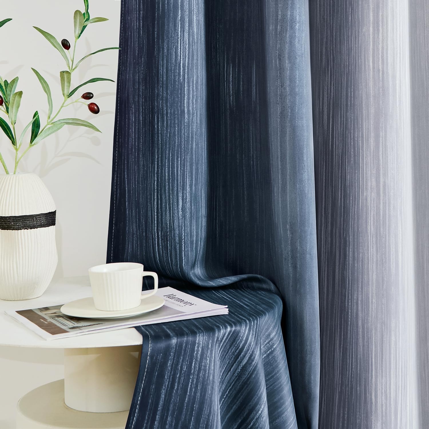 image:imageMIULEE Navy Blue and Greyish White Ombre Blackout Curtains Full Room Darkening Thermal Insulated 84 Inches Long Drapes for BedroomLiving Room Grommet Window Treatments Modern 52Wx84L Set of 2Navy Blue and Greyish White