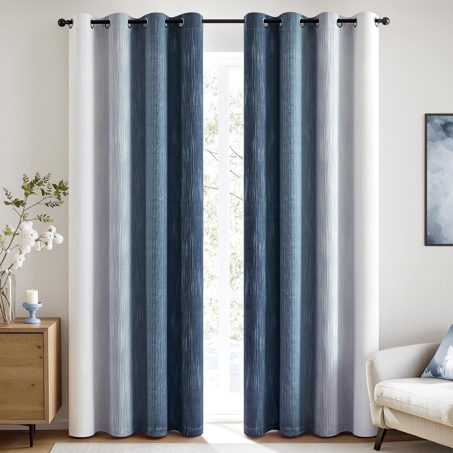image:imageMIULEE Navy Blue and Greyish White Ombre Blackout Curtains Full Room Darkening Thermal Insulated 84 Inches Long Drapes for BedroomLiving Room Grommet Window Treatments Modern 52Wx84L Set of 2Navy Blue and Greyish White