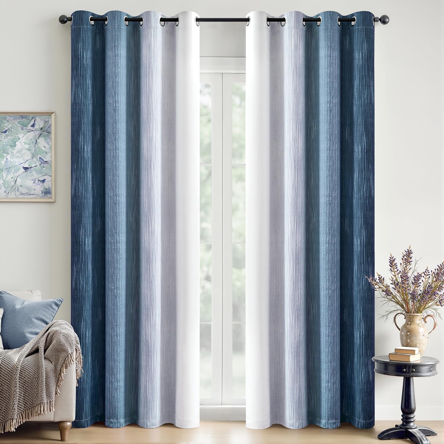 image:imageMIULEE Navy Blue and Greyish White Ombre Blackout Curtains Full Room Darkening Thermal Insulated 84 Inches Long Drapes for BedroomLiving Room Grommet Window Treatments Modern 52Wx84L Set of 2Dark Blue and Greyish White