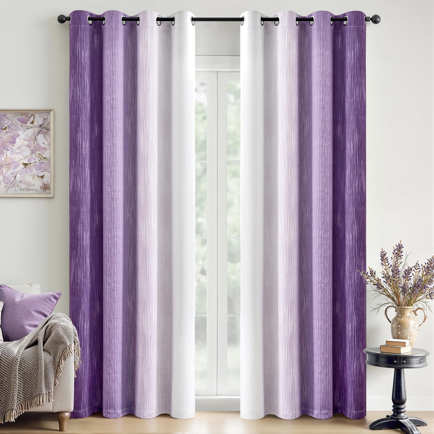 image:imageMIULEE Navy Blue and Greyish White Ombre Blackout Curtains Full Room Darkening Thermal Insulated 84 Inches Long Drapes for BedroomLiving Room Grommet Window Treatments Modern 52Wx84L Set of 2Purple and Greyish White