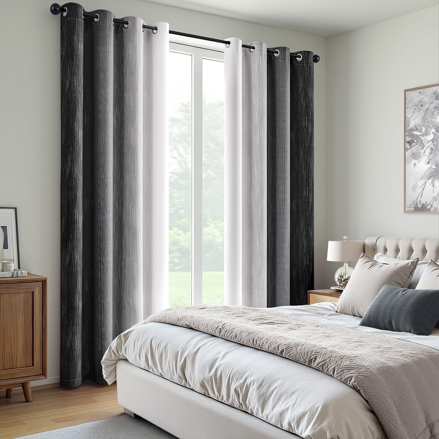 image:imageMIULEE Navy Blue and Greyish White Ombre Blackout Curtains Full Room Darkening Thermal Insulated 84 Inches Long Drapes for BedroomLiving Room Grommet Window Treatments Modern 52Wx84L Set of 2Black and Greyish White