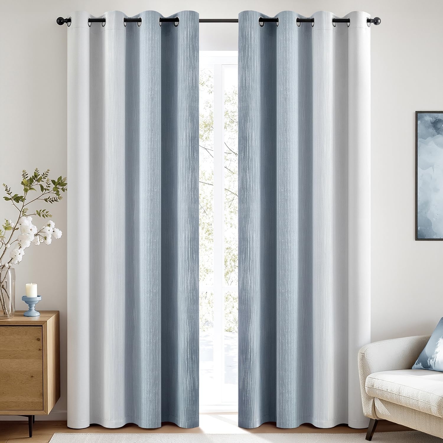 image:imageMIULEE Navy Blue and Greyish White Ombre Blackout Curtains Full Room Darkening Thermal Insulated 84 Inches Long Drapes for BedroomLiving Room Grommet Window Treatments Modern 52Wx84L Set of 2Chambray Blue and Greyish White