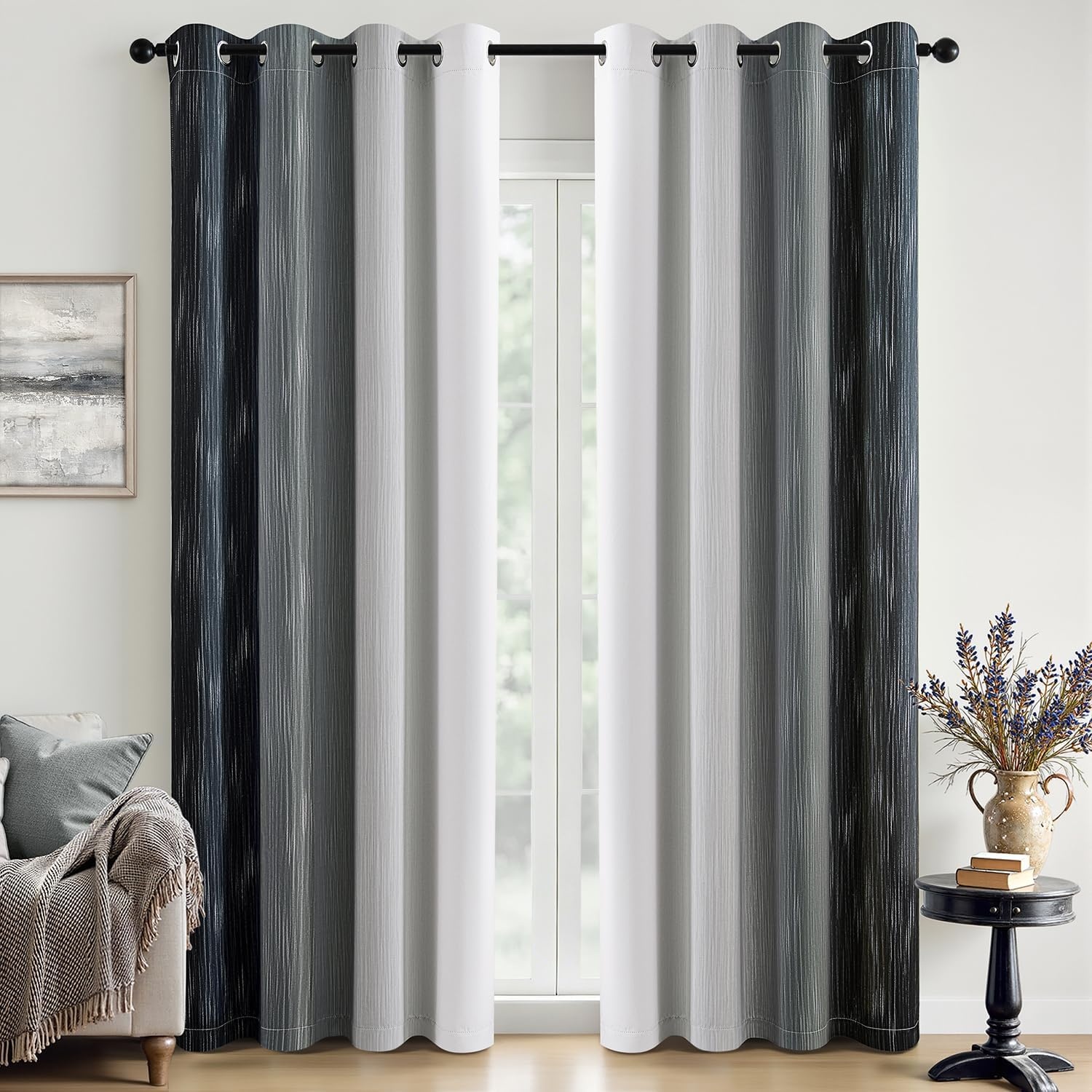 image:imageMIULEE Navy Blue and Greyish White Ombre Blackout Curtains Full Room Darkening Thermal Insulated 84 Inches Long Drapes for BedroomLiving Room Grommet Window Treatments Modern 52Wx84L Set of 2Black and Greyish White
