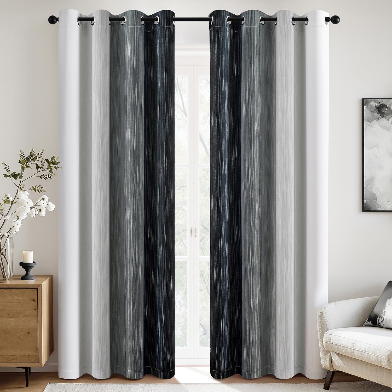 image:imageMIULEE Navy Blue and Greyish White Ombre Blackout Curtains Full Room Darkening Thermal Insulated 84 Inches Long Drapes for BedroomLiving Room Grommet Window Treatments Modern 52Wx84L Set of 2Black and Greyish White