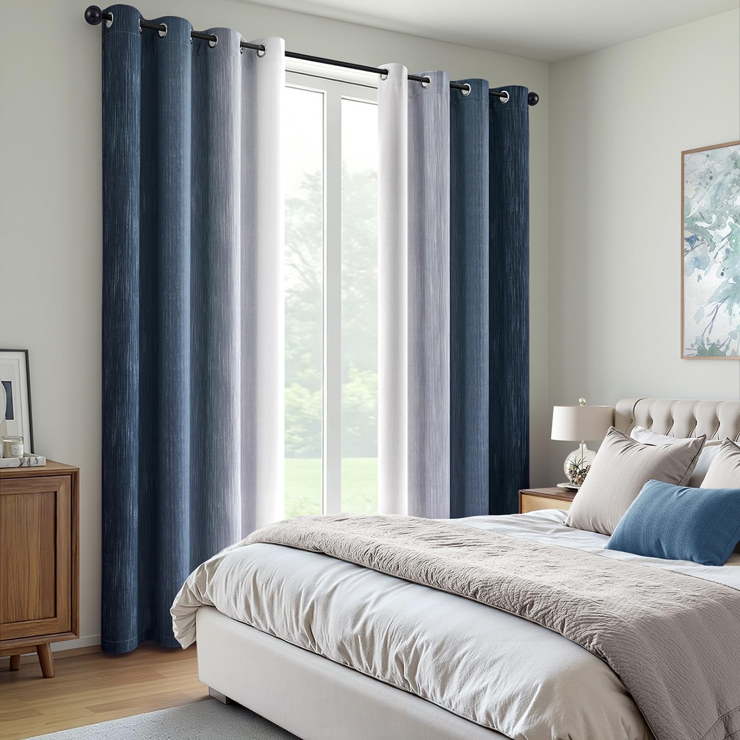 image:imageMIULEE Navy Blue and Greyish White Ombre Blackout Curtains Full Room Darkening Thermal Insulated 84 Inches Long Drapes for BedroomLiving Room Grommet Window Treatments Modern 52Wx84L Set of 2Navy Blue and Greyish White