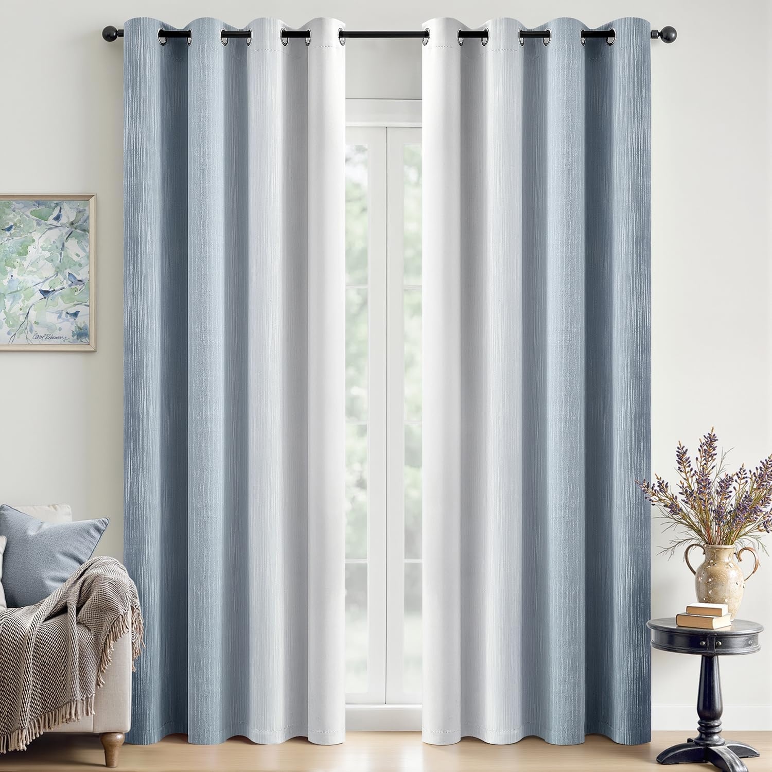 image:imageMIULEE Navy Blue and Greyish White Ombre Blackout Curtains Full Room Darkening Thermal Insulated 84 Inches Long Drapes for BedroomLiving Room Grommet Window Treatments Modern 52Wx84L Set of 2Chambray Blue and Greyish White