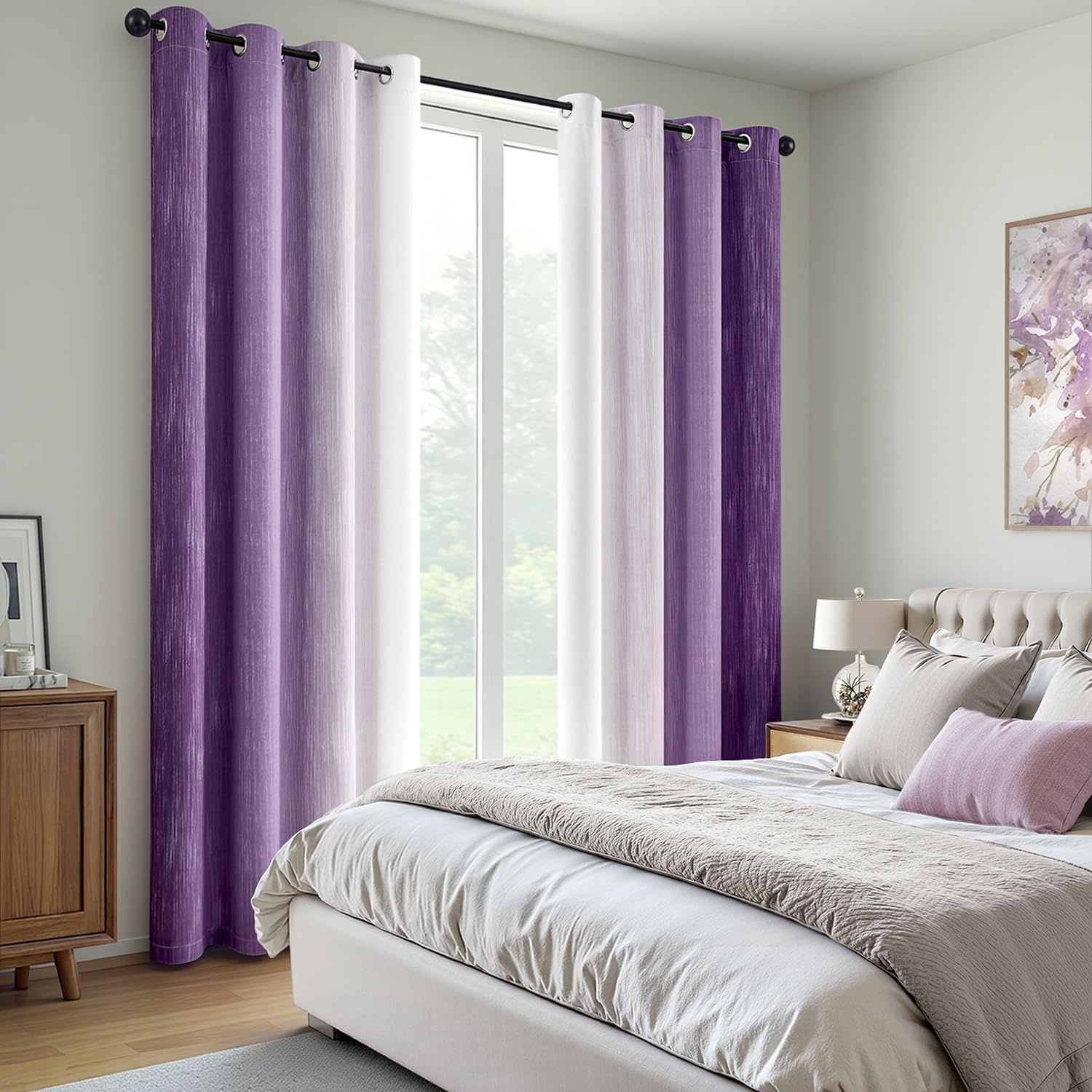 image:imageMIULEE Navy Blue and Greyish White Ombre Blackout Curtains Full Room Darkening Thermal Insulated 84 Inches Long Drapes for BedroomLiving Room Grommet Window Treatments Modern 52Wx84L Set of 2Purple and Greyish White