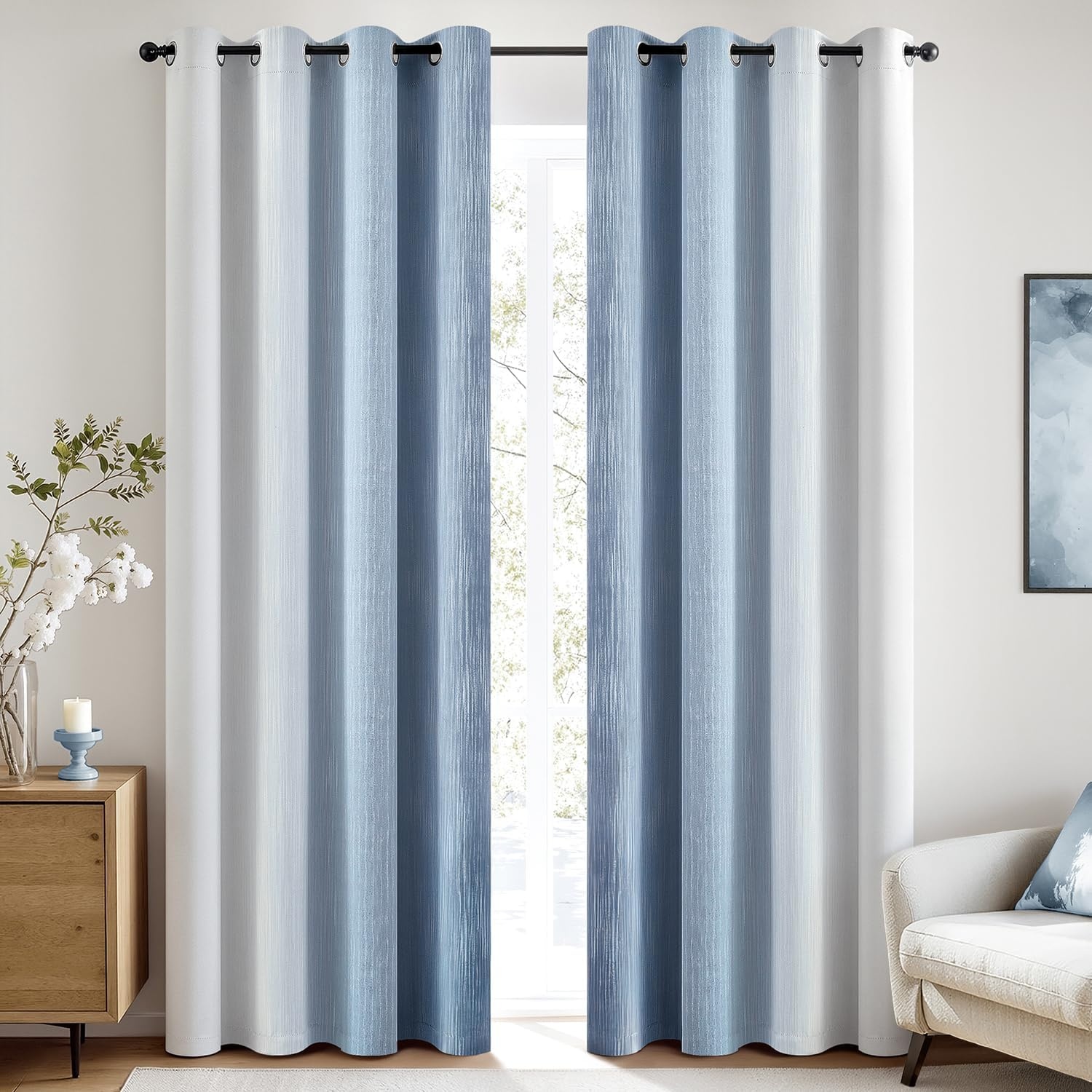 image:imageMIULEE Navy Blue and Greyish White Ombre Blackout Curtains Full Room Darkening Thermal Insulated 84 Inches Long Drapes for BedroomLiving Room Grommet Window Treatments Modern 52Wx84L Set of 2Stone Blue and Greyish White