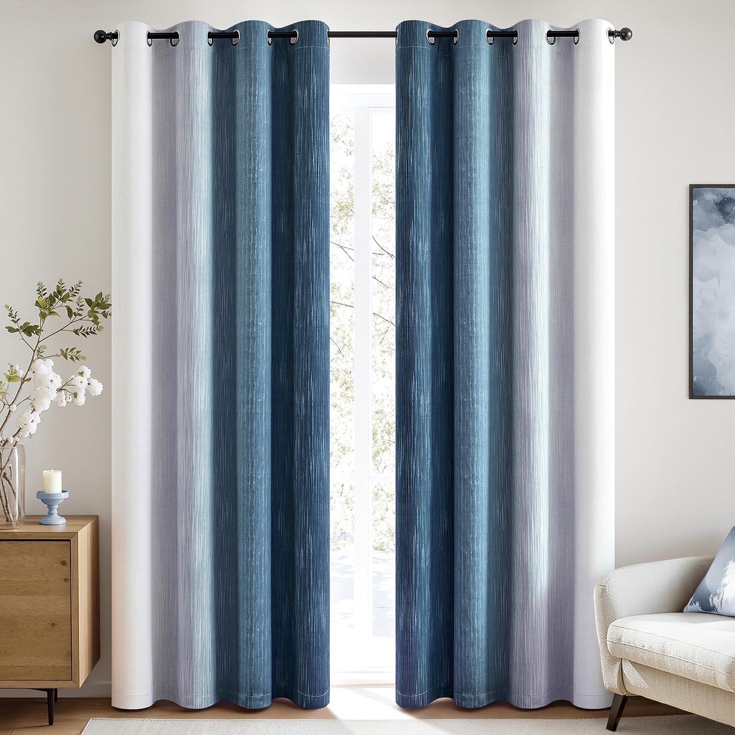 image:imageMIULEE Navy Blue and Greyish White Ombre Blackout Curtains Full Room Darkening Thermal Insulated 84 Inches Long Drapes for BedroomLiving Room Grommet Window Treatments Modern 52Wx84L Set of 2Dark Blue and Greyish White
