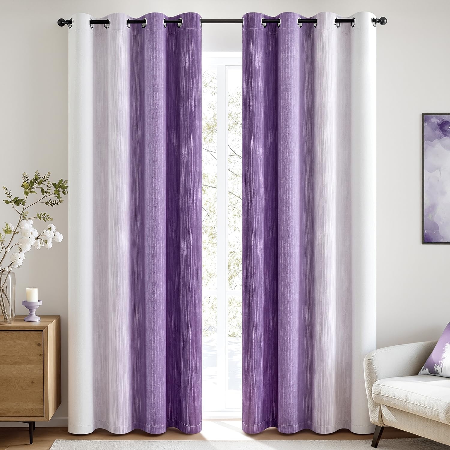 image:imageMIULEE Navy Blue and Greyish White Ombre Blackout Curtains Full Room Darkening Thermal Insulated 84 Inches Long Drapes for BedroomLiving Room Grommet Window Treatments Modern 52Wx84L Set of 2Purple and Greyish White