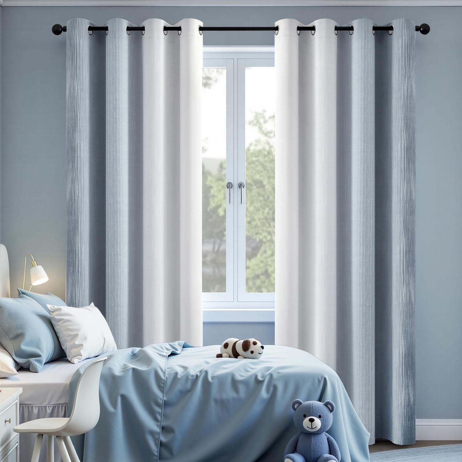 image:imageMIULEE Navy Blue and Greyish White Ombre Blackout Curtains Full Room Darkening Thermal Insulated 84 Inches Long Drapes for BedroomLiving Room Grommet Window Treatments Modern 52Wx84L Set of 2Chambray Blue and Greyish White