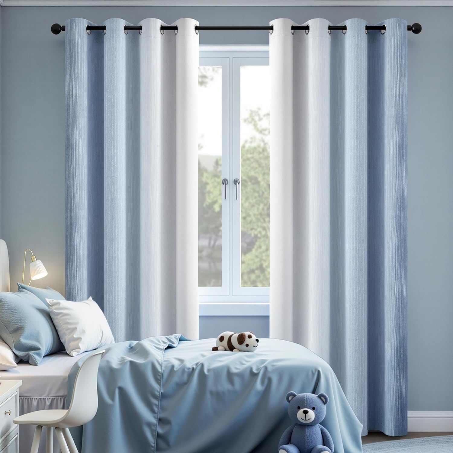 image:imageMIULEE Navy Blue and Greyish White Ombre Blackout Curtains Full Room Darkening Thermal Insulated 84 Inches Long Drapes for BedroomLiving Room Grommet Window Treatments Modern 52Wx84L Set of 2Stone Blue and Greyish White