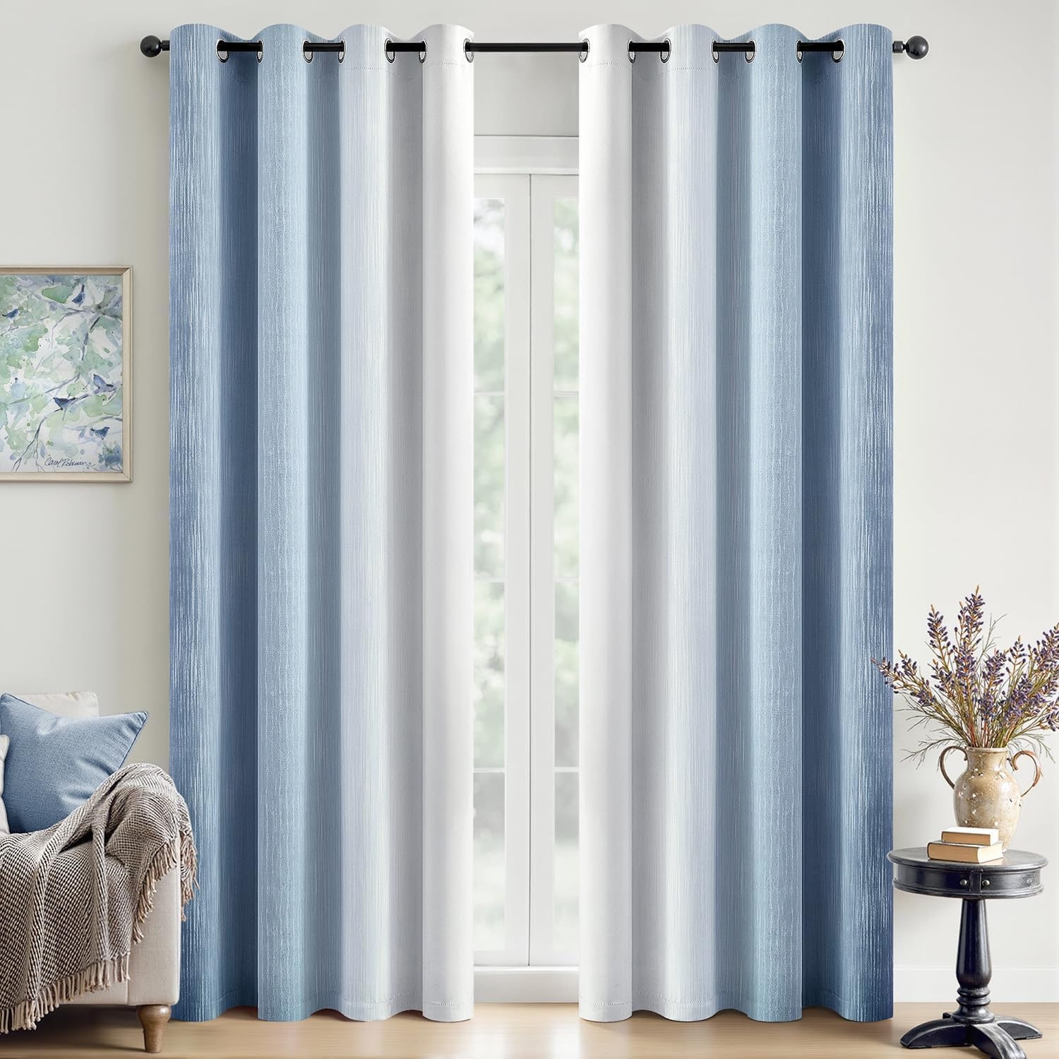 image:imageMIULEE Navy Blue and Greyish White Ombre Blackout Curtains Full Room Darkening Thermal Insulated 84 Inches Long Drapes for BedroomLiving Room Grommet Window Treatments Modern 52Wx84L Set of 2Stone Blue and Greyish White