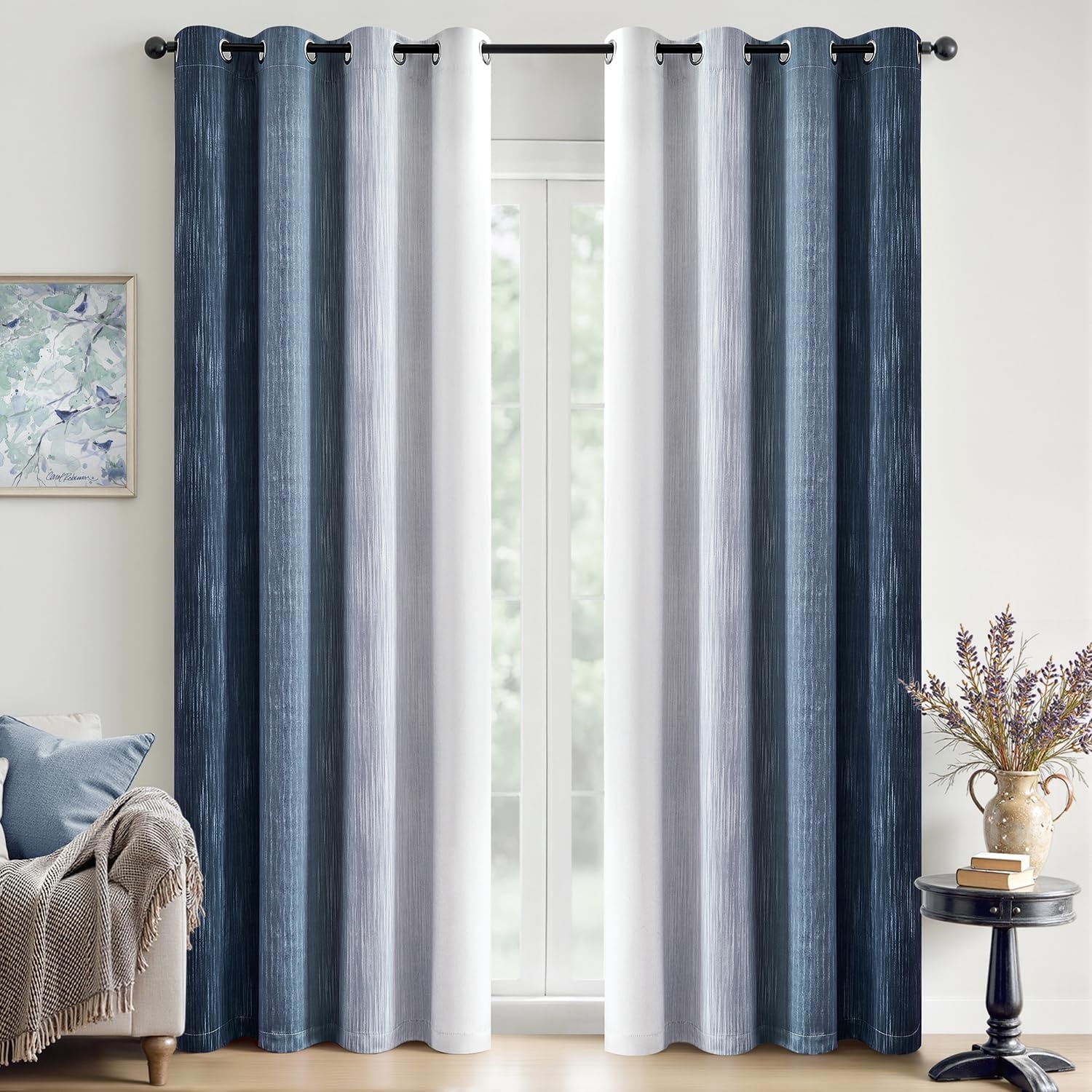 image:imageMIULEE Navy Blue and Greyish White Ombre Blackout Curtains Full Room Darkening Thermal Insulated 84 Inches Long Drapes for BedroomLiving Room Grommet Window Treatments Modern 52Wx84L Set of 2Navy Blue and Greyish White