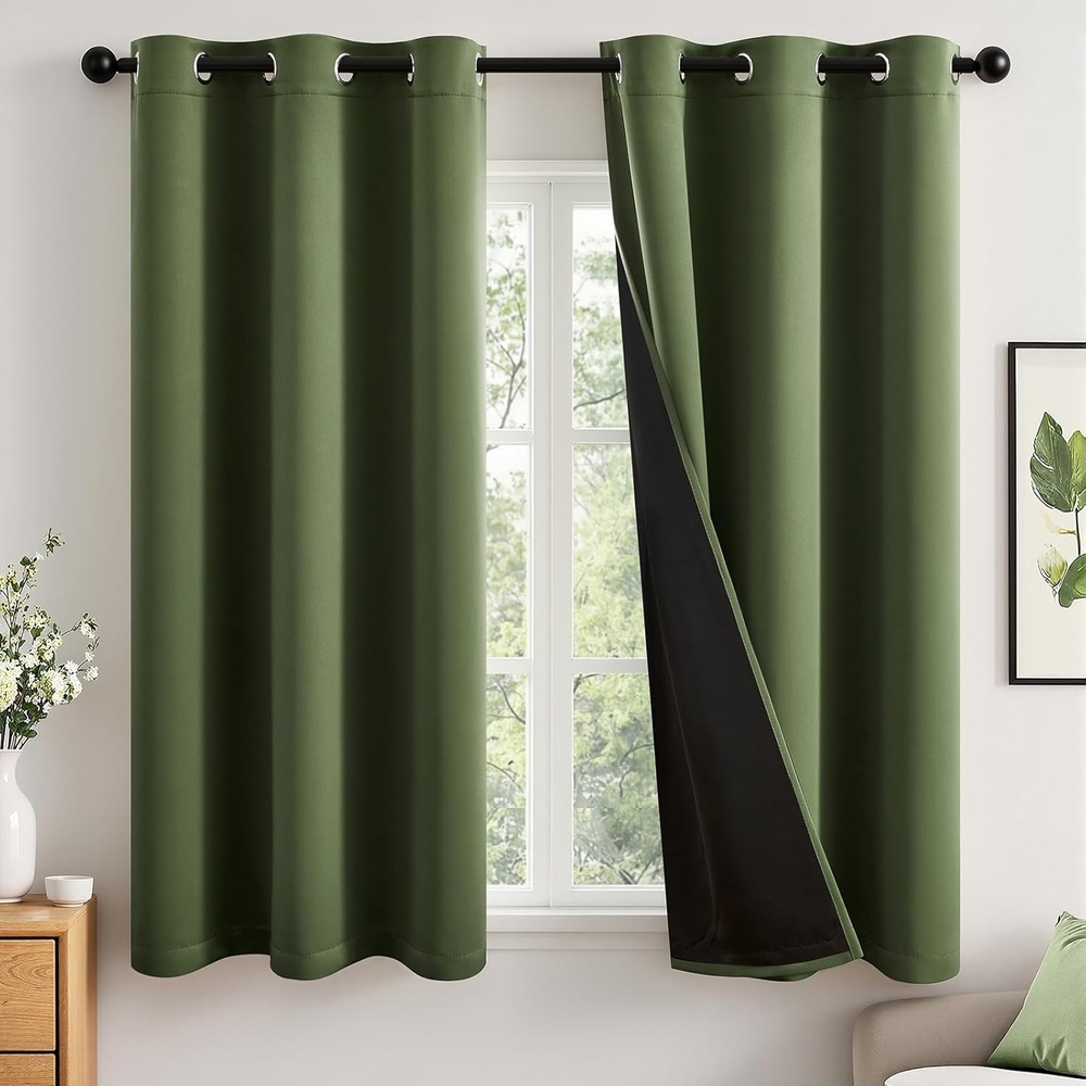 image:imageMIULEE Cream 100 Blackout Curtains for Bedroom 63 Inch Long 2 Thick Layers Thermal Insulated Black Out Window Curtains with Black Liner Noise Reducing Grommet Living Room Drapes 2 Panels Set IvoryOlive Green