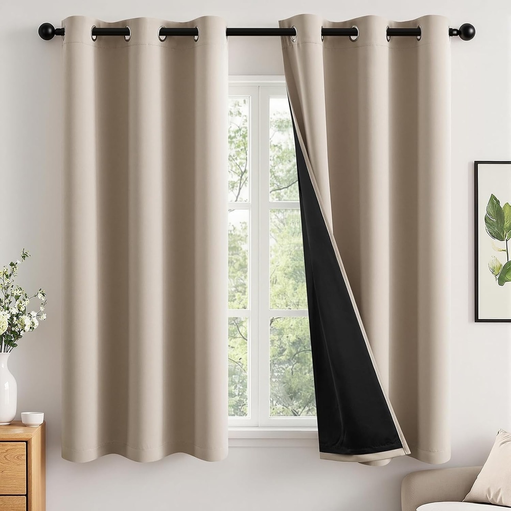 image:imageMIULEE Cream 100 Blackout Curtains for Bedroom 63 Inch Long 2 Thick Layers Thermal Insulated Black Out Window Curtains with Black Liner Noise Reducing Grommet Living Room Drapes 2 Panels Set IvoryTaupe