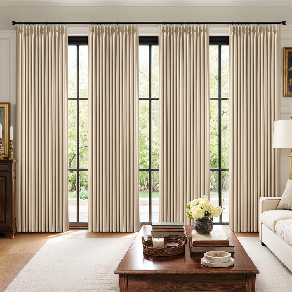image:imageMIULEE Pinch Pleated 100 Blackout Curtains 96 Inch Long 4 Panel Set for Bedroom Thick Linen Memory Trained Pleat Living Room Darkening Back Tab Double Layer Thermal Insulated Drapes BirchSand