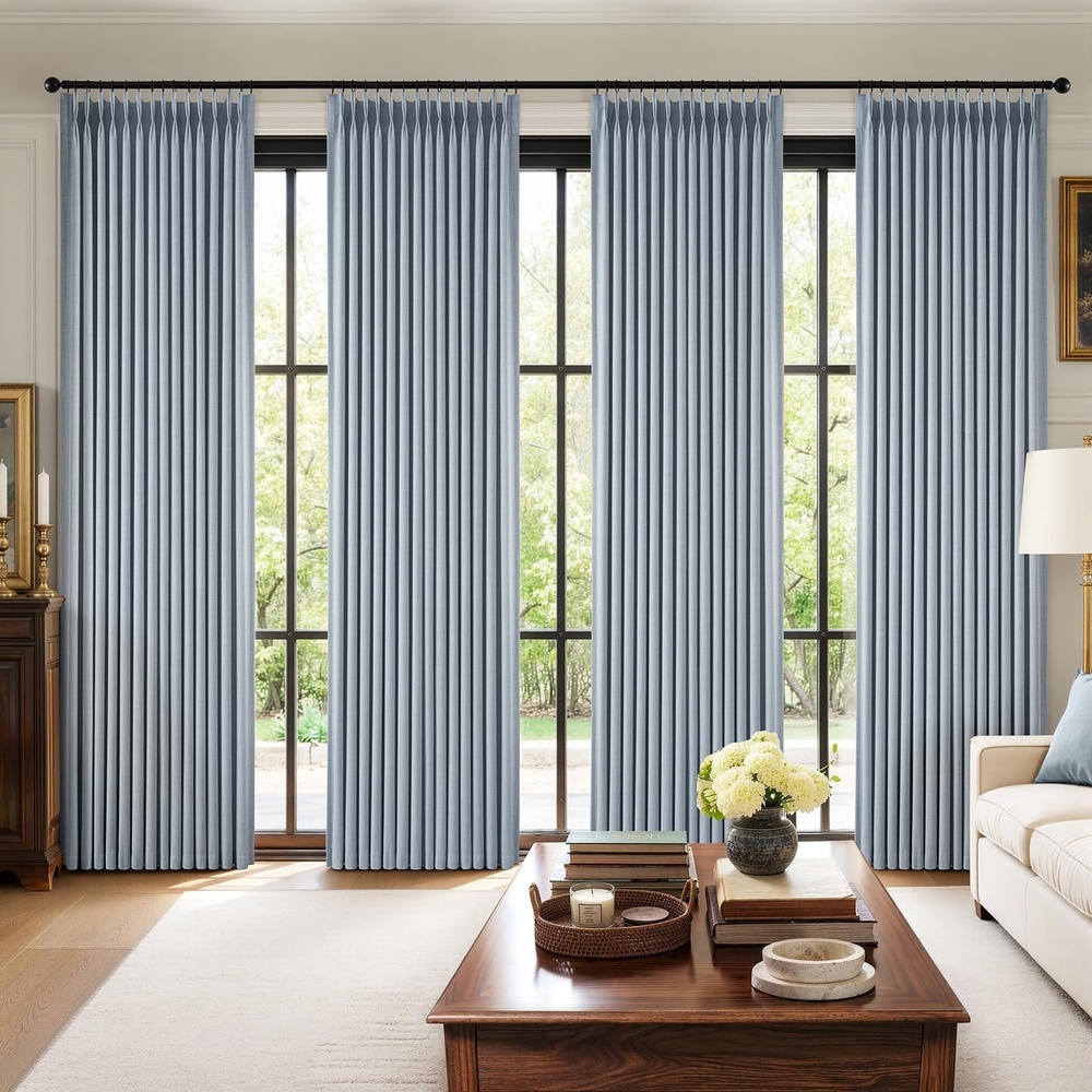 image:imageMIULEE Pinch Pleated 100 Blackout Curtains 96 Inch Long 4 Panel Set for Bedroom Thick Linen Memory Trained Pleat Living Room Darkening Back Tab Double Layer Thermal Insulated Drapes BirchChambray Blue