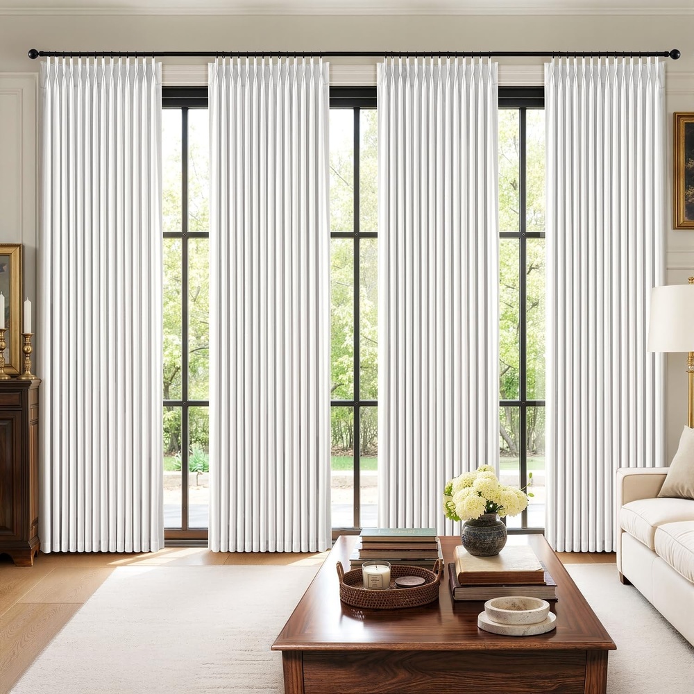 image:imageMIULEE Pinch Pleated 100 Blackout Curtains 96 Inch Long 4 Panel Set for Bedroom Thick Linen Memory Trained Pleat Living Room Darkening Back Tab Double Layer Thermal Insulated Drapes BirchWhite