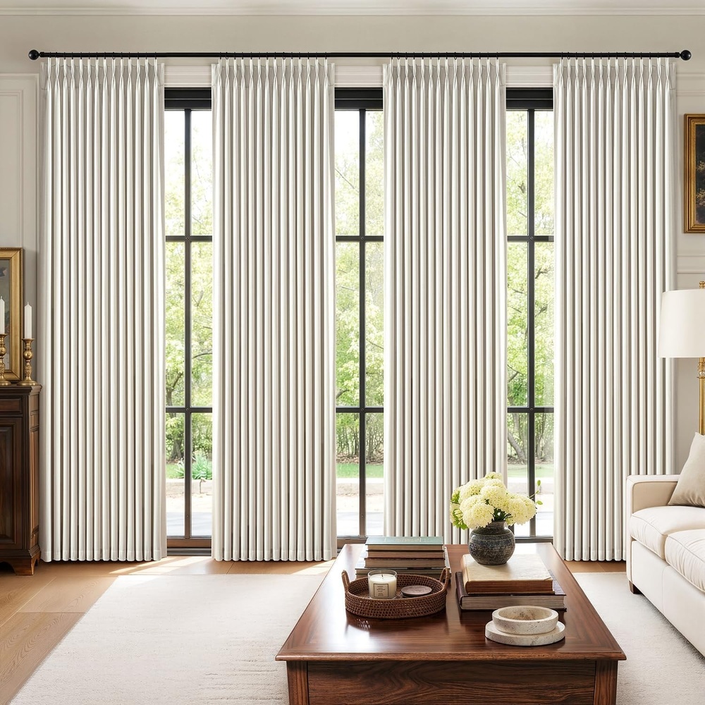 image:imageMIULEE Pinch Pleated 100 Blackout Curtains 96 Inch Long 4 Panel Set for Bedroom Thick Linen Memory Trained Pleat Living Room Darkening Back Tab Double Layer Thermal Insulated Drapes BirchBeige White