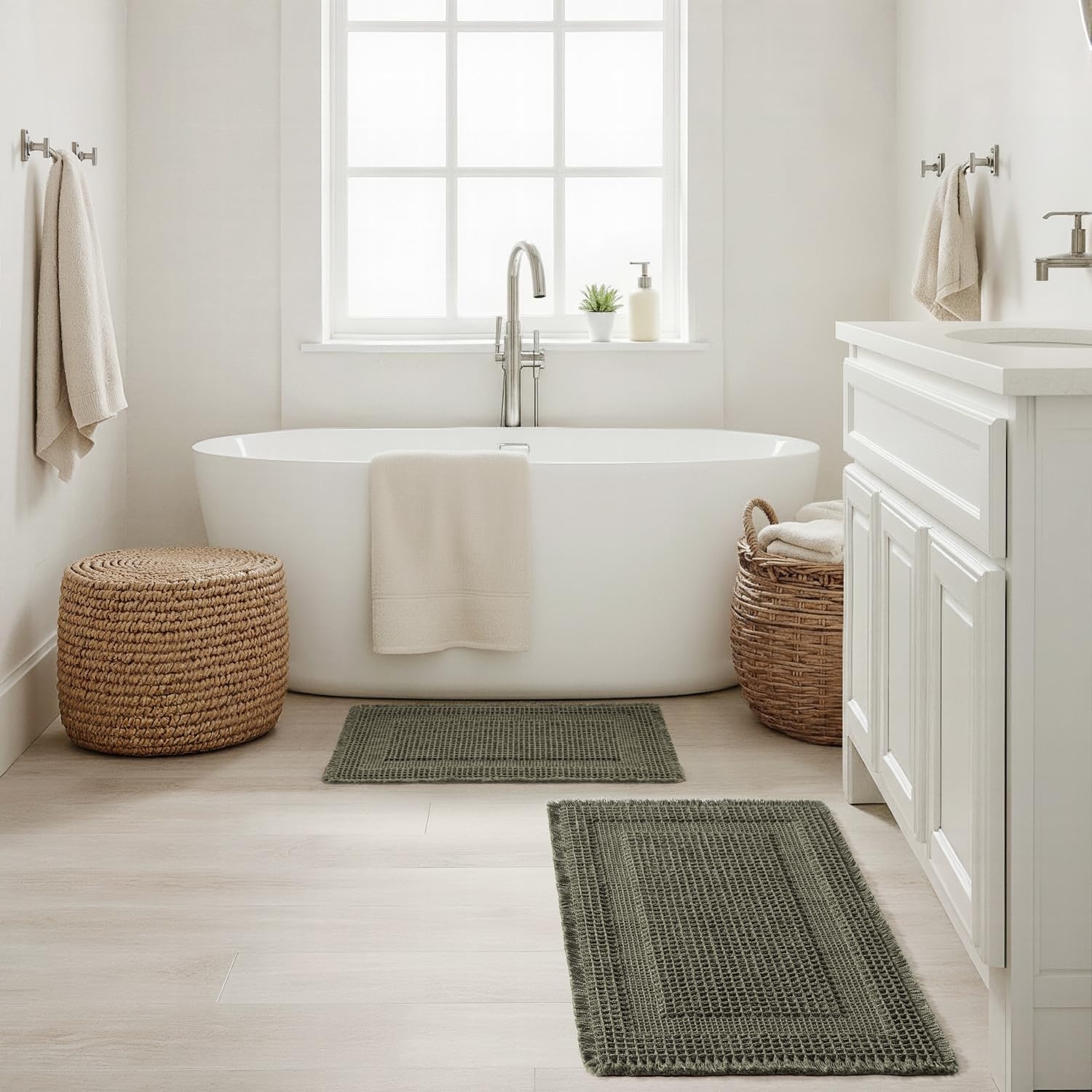 image:imageMIULEE Fall Terracotta Set of 2 Waffle Bathroom Rugs Boho Bath Mat 17x24 in Looped Design Super Absorbent Non Slip Washable Ultra Soft Rubber Backed Bathroom Mats for Floor Tub Shower Fall decorGreen