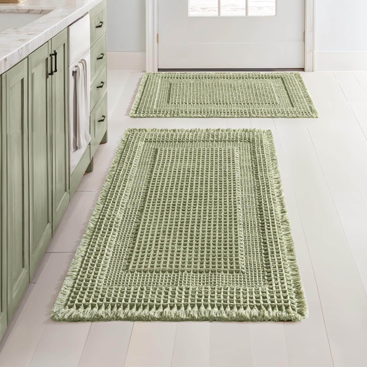 image:imageMIULEE Fall Terracotta Set of 2 Waffle Bathroom Rugs Boho Bath Mat 17x24 in Looped Design Super Absorbent Non Slip Washable Ultra Soft Rubber Backed Bathroom Mats for Floor Tub Shower Fall decorSage Green