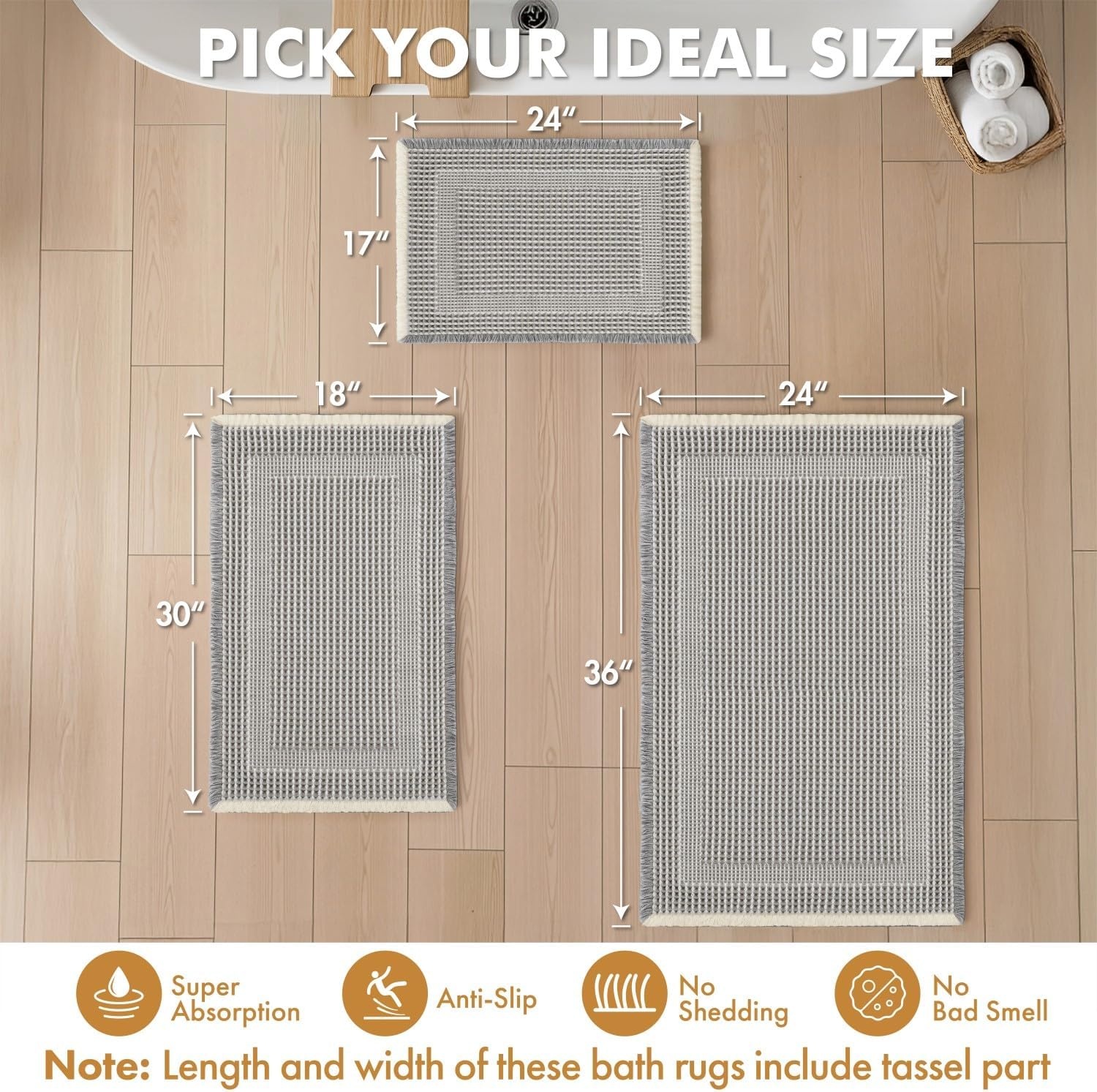 image:imageMIULEE Fall Terracotta Set of 2 Waffle Bathroom Rugs Boho Bath Mat 17x24 in Looped Design Super Absorbent Non Slip Washable Ultra Soft Rubber Backed Bathroom Mats for Floor Tub Shower Fall decorLightgrey Cream